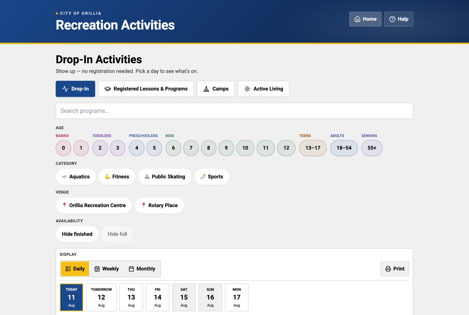 SuperFun recreation discovery portal showing drop-in activities, program search, and resident-friendly filters